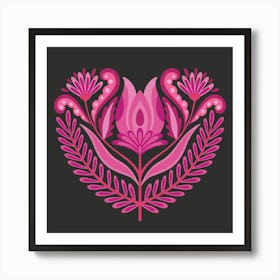 Pink and black boho folk art floral heart Art Print