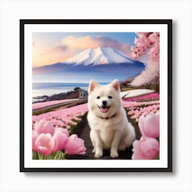 Dog In Pink Flowers Art Print