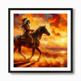 Oil Texture Native American Indian Riding On Prarie 2 Art Print