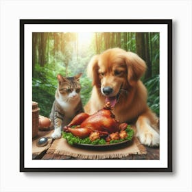 Cat And Dog Eating Dinner Art Print