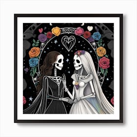 Skeleton Wedding LBGTQ love whimsical minimalistic line art Art Print