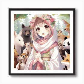 Anime Girl With Animals Art Print