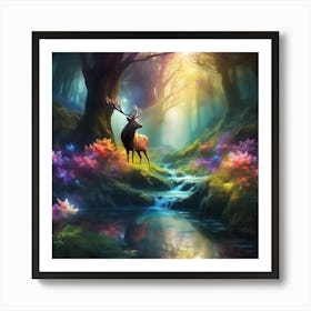 Wild Stag by the Forest Waterfall Art Print