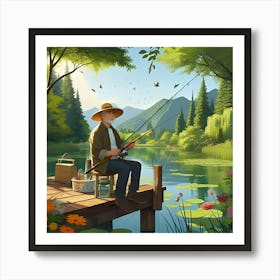 An Image Of A Man Fishing In A River With A Beautiful Landscape 7 Art Print