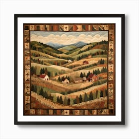 A Quilted Wall Hanging Depicting A Serene Autumnal Landscape With Rolling Hills, Farmhouses, And Trees In Warm Earthy Tones Art Print