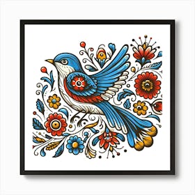 Ukrainian Folk Art With Bluebird And Flowers Art Print