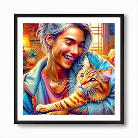 Portrait Of A Girl With A Cat - Millenial Art Print