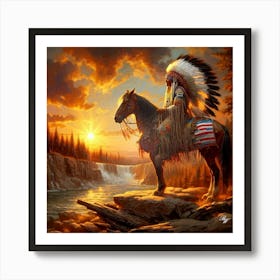 American Indian Sitting On Horse By A Stream Copy Pr Art Print