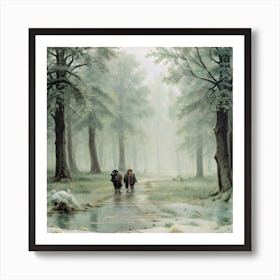 Two Children Walking In The Snow Art Print