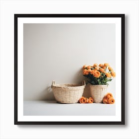 Wicker Baskets With Orange Flowers Art Print