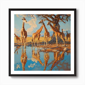 Herd Of Giraffes Reflection In The Lake Art Print