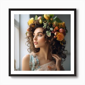 Beautiful Woman With Flowers in Head Art Print