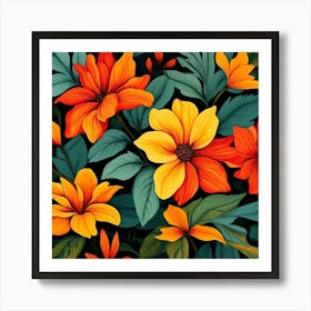 Orange And Yellow Flowers On Black Background Art Print