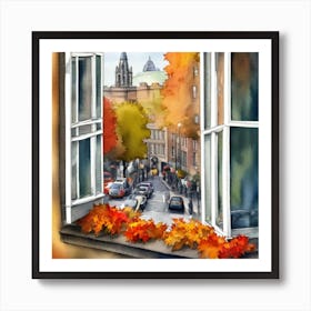 Autumn View From The Window Window View Of Dublin Ireland In Autumn Fall, Watercolor Art Print Art Print