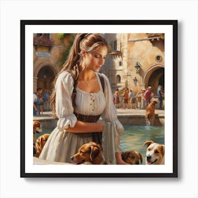 Lady And Her Dogs Art Print