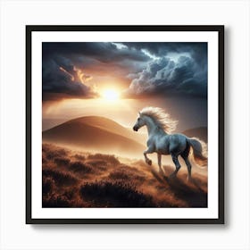 White Horse Running At Sunset Art Print