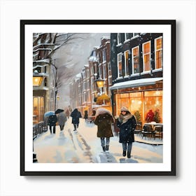 Amsterdam cafes, winter season, Christmas, pale colors, pedestrians in the street, winter clothes, falling snow.3 1 Art Print