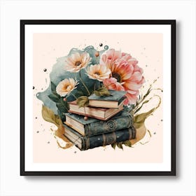 Best books and flowers on watercolor background 3 Art Print