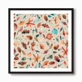 Little Fall Leaves Beige Square Art Print