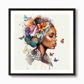 Watercolor Floral Muslim African Woman #3 Art Print