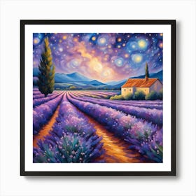 Starry Lavender Fields: A Tranquil Evening in Purple Hues Art Print