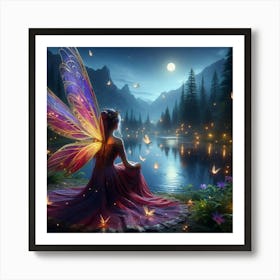 Fairy by the lake with lighting bugs Art Print