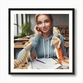 Portrait Of A Girl With Lizards Art Print