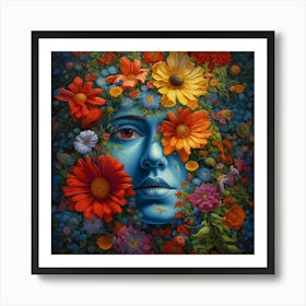 Blue Face With Flowers Art Print