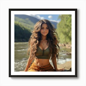 Beautiful Woman Sitting By A River 1 Art Print