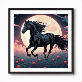 Black Horse In The Moonlight Art Print