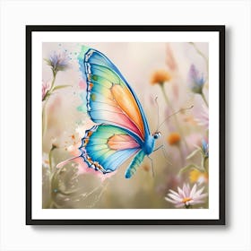 A Vibrant Butterfly Flutters Gracefully, Its Delicate Wings Showcasing A Kaleidoscope Of Bright Colors—Blues, Oranges, Pinks, And Greens—Blending In Soft, Watercolor Gradients Art Print