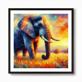 Elephant At Sunset Impressionistic Painted Style Art Print