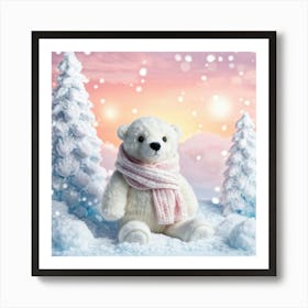 Polar Bear Cub Bundled Up In A Knitted Oversized Scarf And A Fluffy Snow White Bobble Hat Soft In Art Print