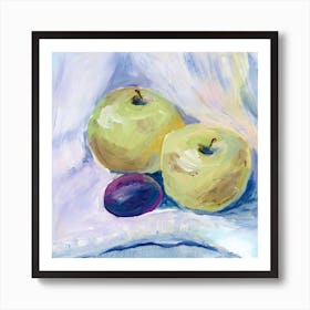 Two Apples And A Plum kitchen art still life square hand painted food green purple Art Print