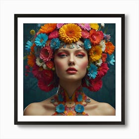 a woman in a colorful flower headdress, in the style of three-dimensional effects, pop-inspired imagery, uhd image, layered collages, barbie-core, futuristic pop, floral creative collage digital art by Paul Henderson, in the style of flower power, vibrant portraiture, UHD image, mike campau, multi-layered color fields, peter Mitchel, mandy disher flower collage art by, in the style of retro-futuristic cyberpunk, 1 Art Print