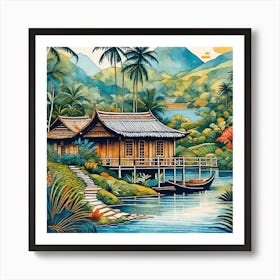 Asian House By The River Art Print