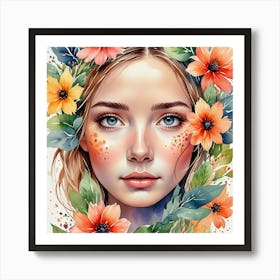 Watercolor Of A Girl With Flowers Art Print