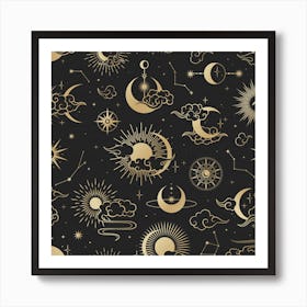 Asian Seamless Pattern With Clouds Moon Sun Stars Vector Collection Oriental Chinese Japanese Korean Style Art Print
