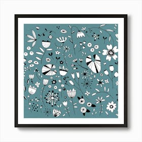 Black White and Teal Green Flower Drawings Art Print