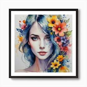 Watercolor Of A Girl With Flowers Art Print