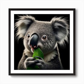 Cute Koala chewing on leaf portrait isolated on black background Art Print