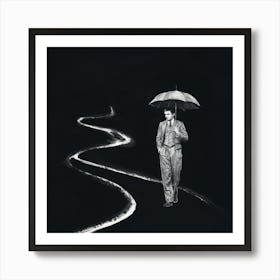 ine path. The man is dressed in a vintage ensemble, holding onto an old-fashioned umbrella. The path is shrouded in complete darkness, with only the faint silhouette of the man and the subtle outlines of the winding path visible. The ink lines are bold and dramatic, creating an atmosphere of mystery and suspense. Art Print
