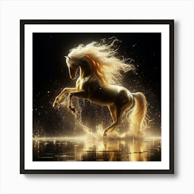 Golden Horse Running In Water 2 Art Print