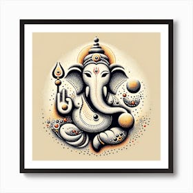 "Spiritual Dotscape: Ganesha's Serene Contemplation" - This exquisite portrayal of Lord Ganesha is crafted through the delicate art of pointillism, bringing a profound depth and texture to the piece. The warm beige background serves as a canvas for the divine form of Ganesha, rendered in a monochromatic palette with shades of black, white, and gray, punctuated by dots of red. The deity's gentle, introspective gaze is surrounded by an array of dots forming traditional symbols, invoking a sense of timeless wisdom and calm. This artwork is perfect for those seeking a powerful yet subtle spiritual presence in their surroundings. It combines the serenity of meditation with the intricacy of artisanal craftsmanship, making it a treasured addition to any home or sacred space. Art Print