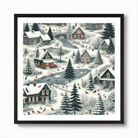 Winter Village, Trees And Lake Art Print