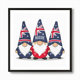 3 Cute Patriotic Australian Gnomes With Blue and Red Flag Color Art Print