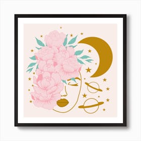 Celestial Woman And Golden Moon Square Art Print