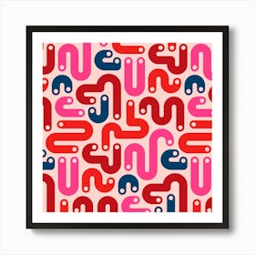 JELLY BEANS Squiggly New Wave Postmodern Abstract 1980s Geometric with Dots in Red Fuchsia Hot Pink Burgundy Dark Blue on Blush Art Print