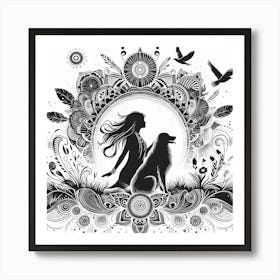 Boho art Silhouette of woman with dog 1 Art Print