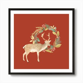 Holiday deer + wreath Art Print